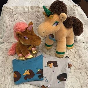 Afro Unicorn Stuffed Animals 2 & 2 Shirts Bundle- size Girls M (7/8)